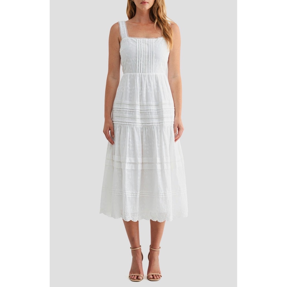 Mila Mae Womens Tiered Eyelet Midi Dress White Size M Cottagecore